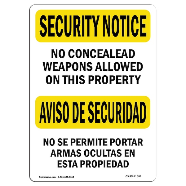 Sign, 3.5" H, 5" W, No Concealed Weapons Bilingual, Landscape, SN-D-35-L-11584-10PK